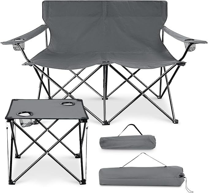 Leonyo Double Camping Chair, Loveseat Camping Chair with Folding Table, 2 Person Outdoor Folding Beach Chairs for Adults, Cup Holders & Carry Bag for Outside Travel, Supports 500lbs, Grey