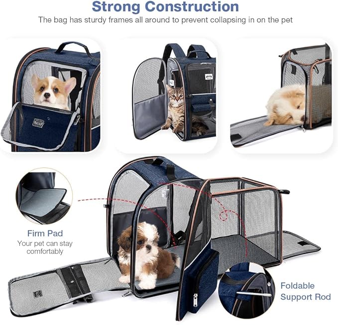Large Cat Backpack Carrier Expandable Pet Carrier Backpack for Small Dogs Medium Cats Fit Up to 18 Lbs, Dog Backpack Carrier, Foldable Puppy Backpack Carrier for Travel, Hiking,Blue