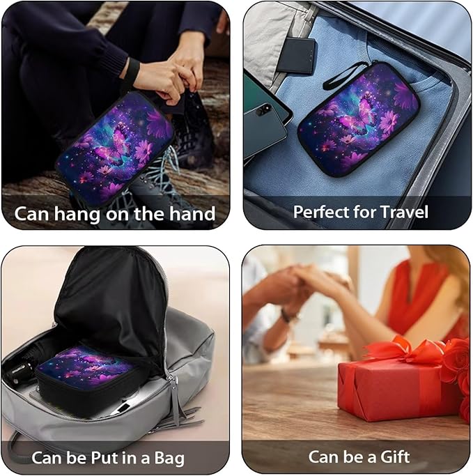 Purple Floral Butterfly Print Electronic Organizer Travel Universal Accessories Storage Bag Portable for Hard Drives, Cables, Memory Sticks, Charger, Phone, USB, SD Cards