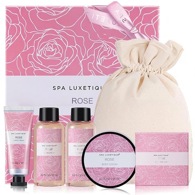 Spa Luxetique Gifts for Women, Bath and Body Gifts Set 6pcs Gift Baskets Rose Bath Sets for Women Valentine's Day Gifts for Her