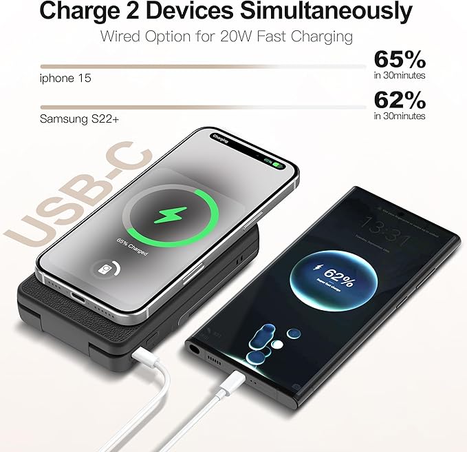 Magnetic Wireless Power Bank, 5000mAh Portable Charger with LED Makeup Mirror & Phone Stand, 20W USB-C Fast Charging Battery Pack for iPhone 17/16/15/14/13/12 Series, Black Totem