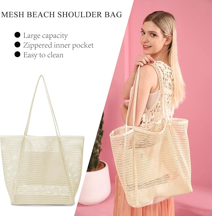 Iioscre Beach Bag for Women, Causal Hobo Pool Bags with Zipper Inner Pocket, Foldable Swim Tote Bag for Vacation Essentials
