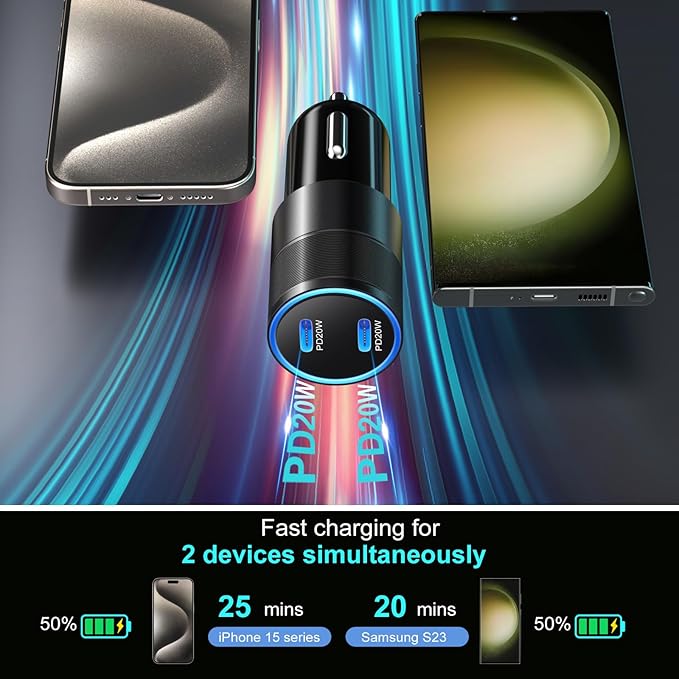 40W USB C Car Charger, Bangfun 2 Pack Dual 12V USB C Port Car Charger Cigarette Lighter Adapter (Black)