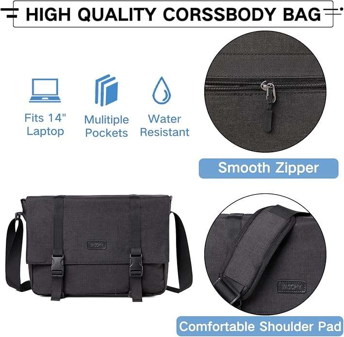 VASCHY Messenger Bag,Water Resistant Casual Lightweight Slim Crossbody Shoulder Bag for Men Women Work School for 14in Laptop