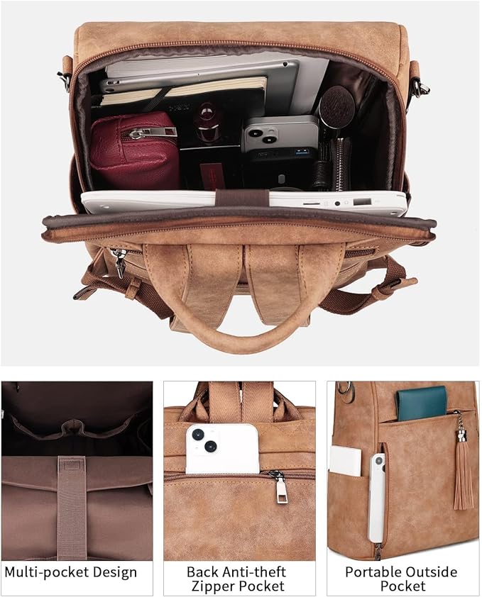 FADEON Leather Laptop Backpack for Women Designer 15.6 inch PU Laptop Bag, Ladies Travel Computer Work Backpack Brown