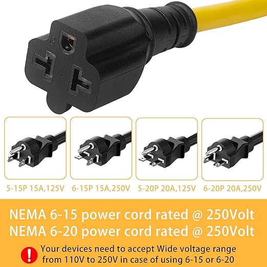 4-in-1 12AWG 15 Amp Household AC Plug to 20 Amp T Blade Adapter Cable, NEMA 5-15P to 5-20R/ 5-15R/ 6-20R/ 6-15R, 4 in 1 AC Adapter,15Amp 125V to 20Amp 250V Extension Cable, 1FT-Yellow
