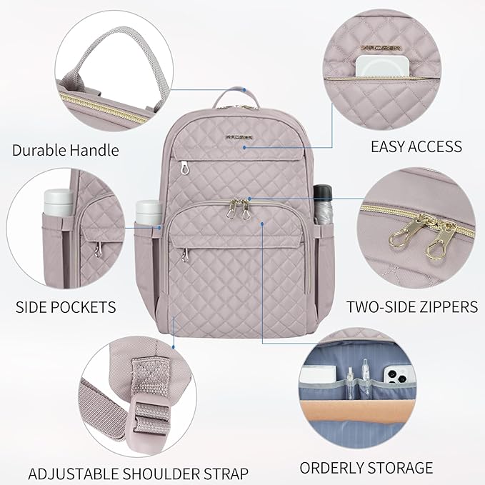 KROSER Laptop Backpack for Women 15.6 Inch Stylish Daypack with USB Charging Port, Water-repellent Nylon Backpack for Travel/Business, Dusty Pink