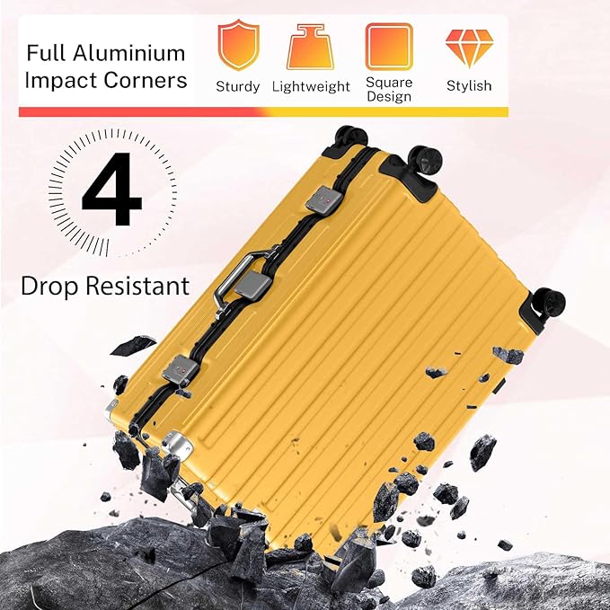 Krute Aluminum Frame Luggage 28 Inch Checked Suitcase with Spinner Wheels TSA Approved No Zipper Hard Shell Luggage PC+ABS Travel Suitcase Yellow