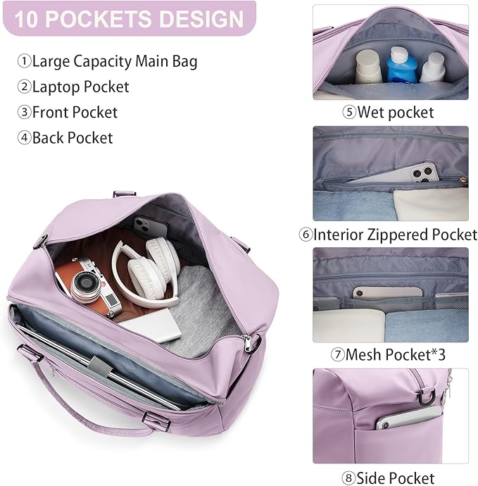 HYC00 Travel Duffel Bag,Carry-on Overnight Weekender Bags for Women,Sports Tote Gym Bag with Wet Pocket
