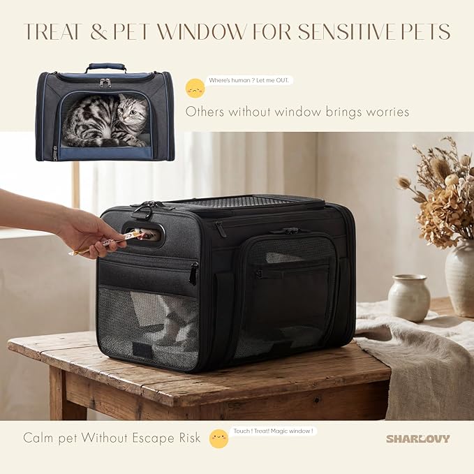 Top-Expandable Pet Carrier with Treat & Pet Window,17x11x9.5 Inch Alaska Hawaiian Airline Approved,Soft-Sided Dog Carrier for Small Dogs and Cats,Travel Cat Carrier with Locking Safety Zippers,Black