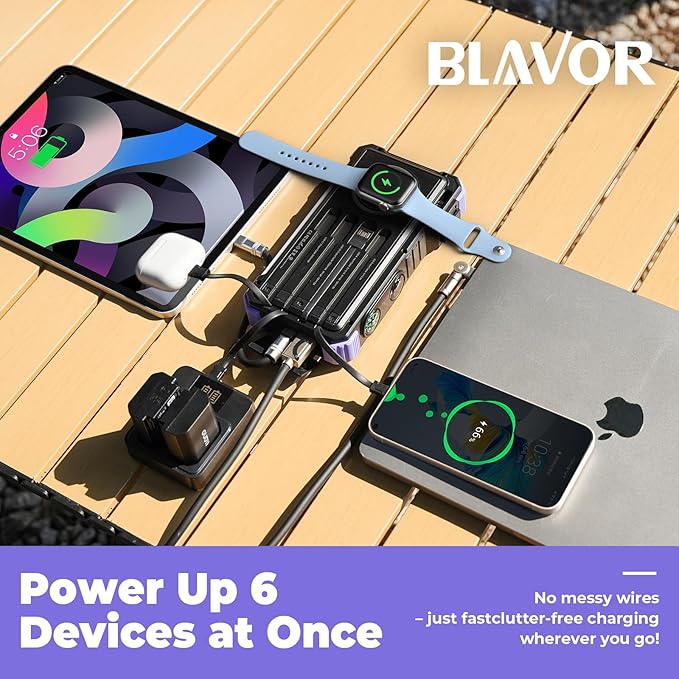BLAVOR Solar Power Bank 20000mAh Built-in Cables, Wireless Charger for Phones & Apple Watch, 20W Fast Charging Battery Pack with USB C, Flashlight, Solar Charger for iPhone, iPad, iWatch, Samsung