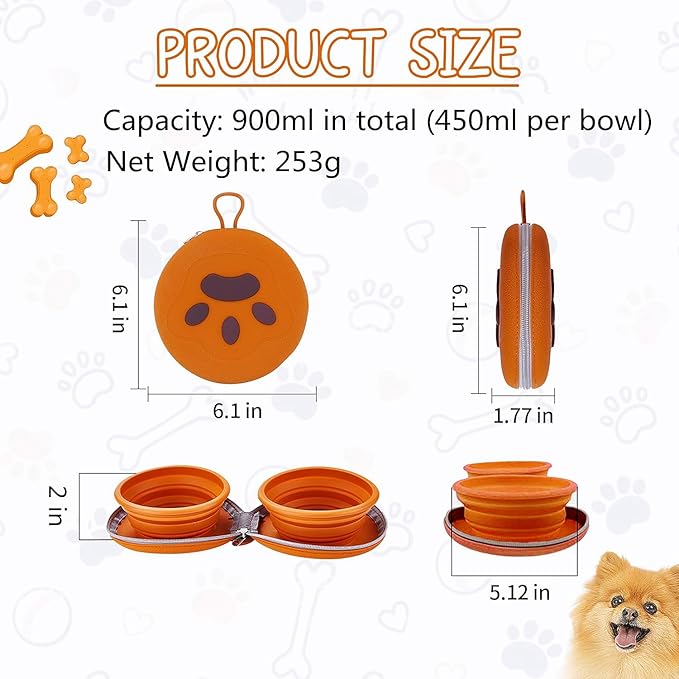 Collapsible Dog Bowls, Portable Dog Bowl, Travel Water Bowl for Dogs Camping Essentials, 2-in-1 Water Food Feeder Double Bowl for Traveling Camping Walking Hiking (Brown)