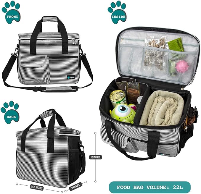 PetAmi Dog Travel Bag, Travel Pet Bag Organizer, Dog Food Travel Bag with Container Collapsible Bowls, Pet Travel Supplies Gift Accessories Weekend Camping, Puppy Cat Diaper Bag, Stripe Black Medium
