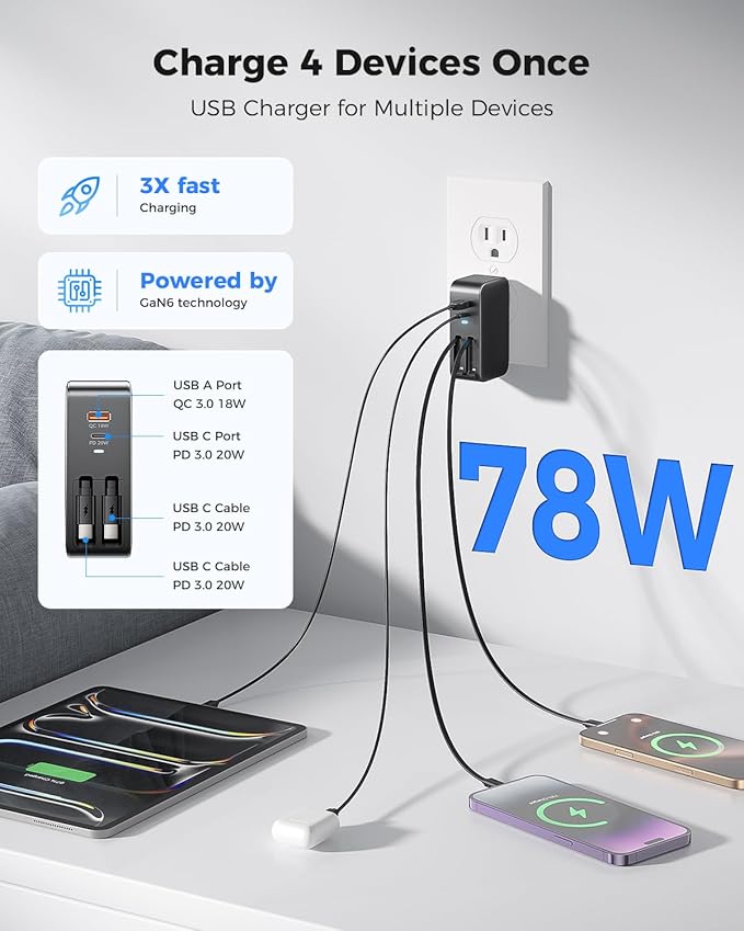 SUPERONE Retractable iPhone Charger, 4-Port USB C Charger Block, iPhone Chargers Fast Charging with Dual USB C Cable, Wall Chargers for iPhones 17/16/15/14/13/12/11 Series, Pad, Samsung, Pixel - Black