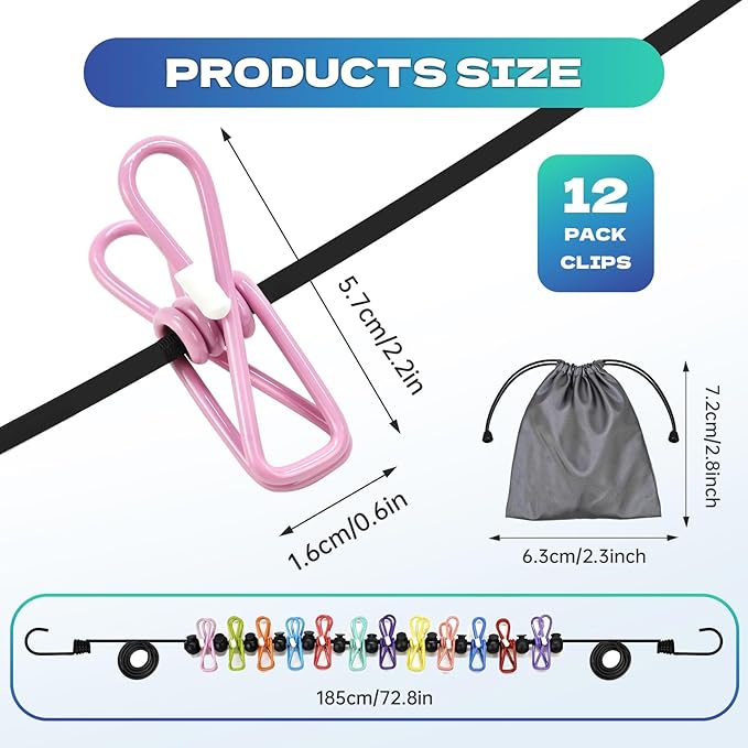 2 Pack Portable Travel Clothesline with 12 Clothespins, Retractable Camping Clothesline for Indoor & Outdoor, Elastic Clothes Line for RV/Cruise/Camper/Hotel/Laundry Room (Multicolor)