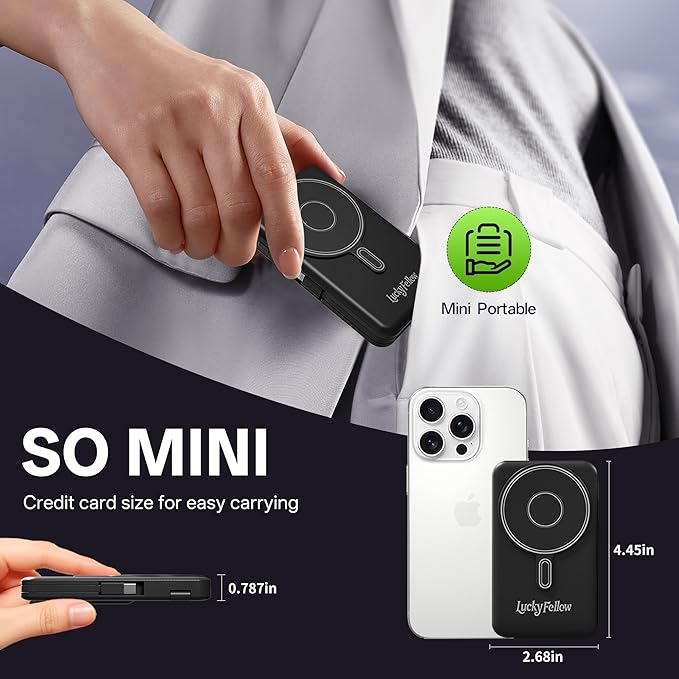Magnetic Portable Charger Built-in Cables,10000mAh Fast Charging Wireless Charger Station External Battery Pack Slim Pocket Size Power Bank with Stand Compatible with iWatch, iPhone