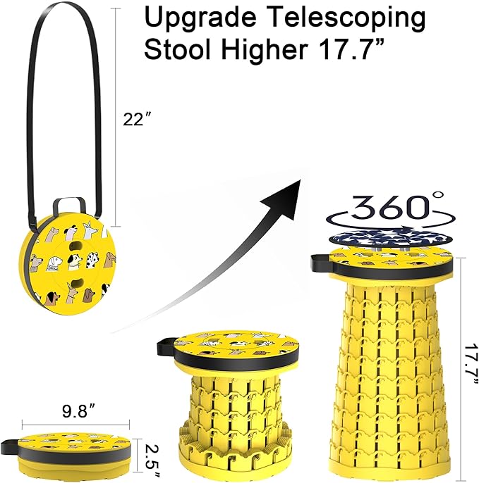 ALEVMOOM Upgraded Telescoping Collapsible Stool with Cushion, Folding Stool with Printing Portable Retractable Foldable Seat Max Load 550lbs for Adults Camping Fishing Outdoor