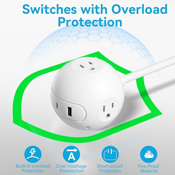 Portable Power Strip Outlet Extender,6-in-1 Charging Station,Wall Plug Extender with 3 AC Outlets & 2 USB-C(20W) and 1 USB-A(12W), Desk Organizer,5ft Extension Cord for Home/Office (ETL Certified)