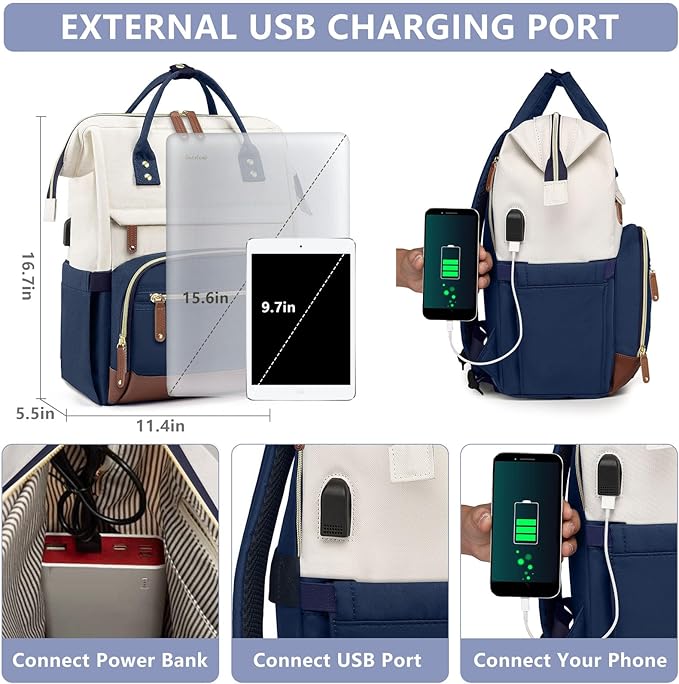 Focdod Laptop Backpack for Womem Work Bags: 15.6 Inch Travel BackPacks Durable Back Pack With USB Charging Port Anti Theft Fashion College BookBag Purse Bussiness Daypack for Nurse Teacher Navy Beige