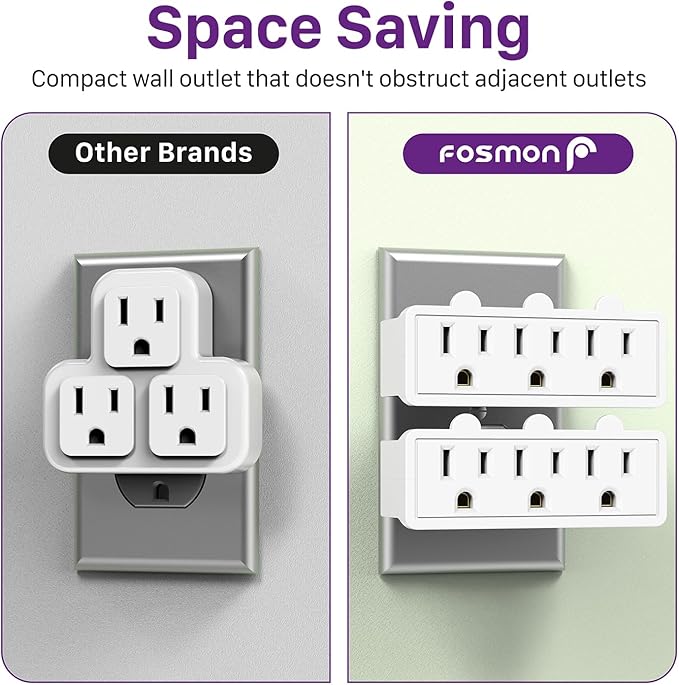 Fosmon 3 Outlet Adapter, Swivel Outlet Plug Three Way Rotating 180 Degree Right Angle Adapter Plug, Electric Wall Extender Indoor, 3-Prong, Grounded- 2 Pack