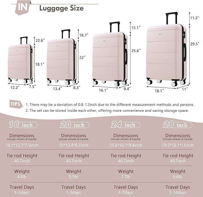 Merax Luggage Sets,Hardcase Suitcase with Bags,6 Piece Lightweight Carry on Luggagewith Double Spinner Wheels Lock,16+20+24+28 inches,Light Pink
