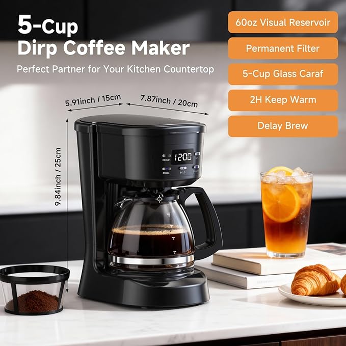 Coffee Maker, 5 Cup Drip Coffee Machine with Glass Carafe, 20 Hours Programmable Timer, 2 Hours Keep Warm, Compatible with Ground&Tea – Portable Small Cafetera for Home, Office, Travel&Camping-Black