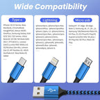 IDISON Multi Charging Cable(3Pack 4FT), 3 in 1 Charging Cable for Multiple Devices, USB-A Multi Charger Cord with Type-C, Micro USB and IP Port for iPhone 16/15/14/13/iPad/Android/Tablets and More