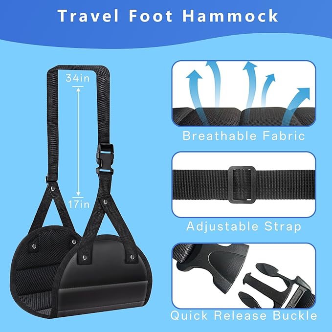 Airplane Foot Hammock for Plane Travel, Foot Sling for Airplane Travel,Portable Leg Hammock for Foot & Leg Support, Improve Comfort, A Must-Have for Long Flights, Work, Travel, 2 Pack, Black & Blue