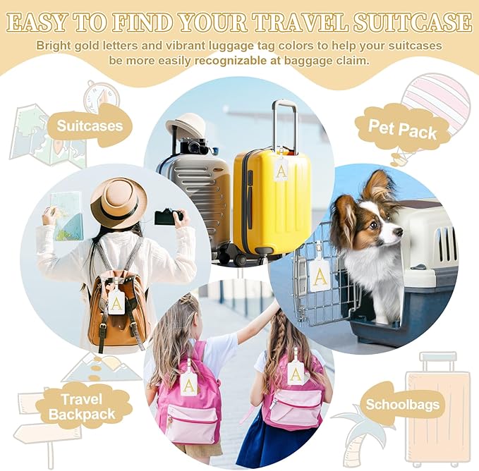 Personalized Initial Luggage Tags for Suitcase TSA Approved, White Leather Cute Luggage Tag with Privacy Cover Name Card, Embroidered Custom Luggage Tags Travel Baggage Tags Gifts for Women Kids(A)