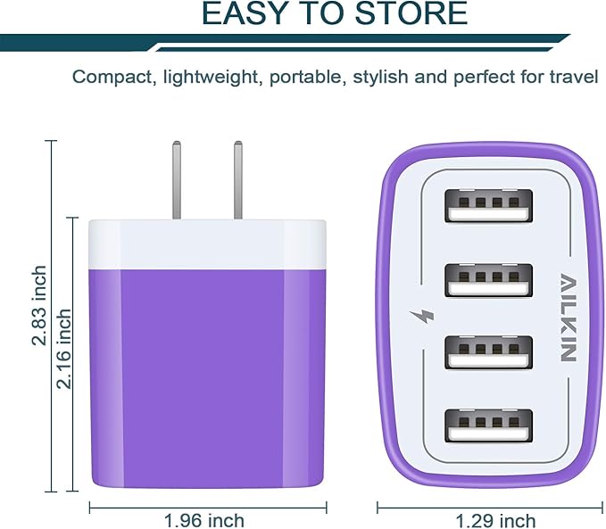 Wall Charger, USB Charger Adapter, AILKIN 4.8A 4Multi Port Fast Charging Station Power Base Block Plug Cube Brick for iPhone, iPad, Samsung Galaxy, Moto, Google Pixel, Kindle Fire Plug Cargador Carro