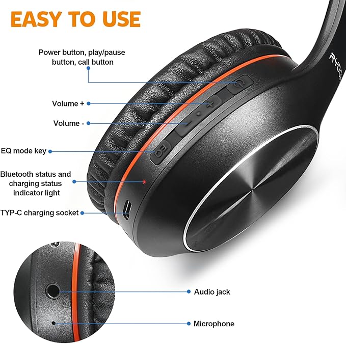 Rydohi Bluetooth Headphones Over Ear, 68H Playtime and 3 EQ Music Modes Wireless Headphones with Microphone/Deep Bass, HiFi Stereo Foldable Lightweight Headset for PC Home Travel Office