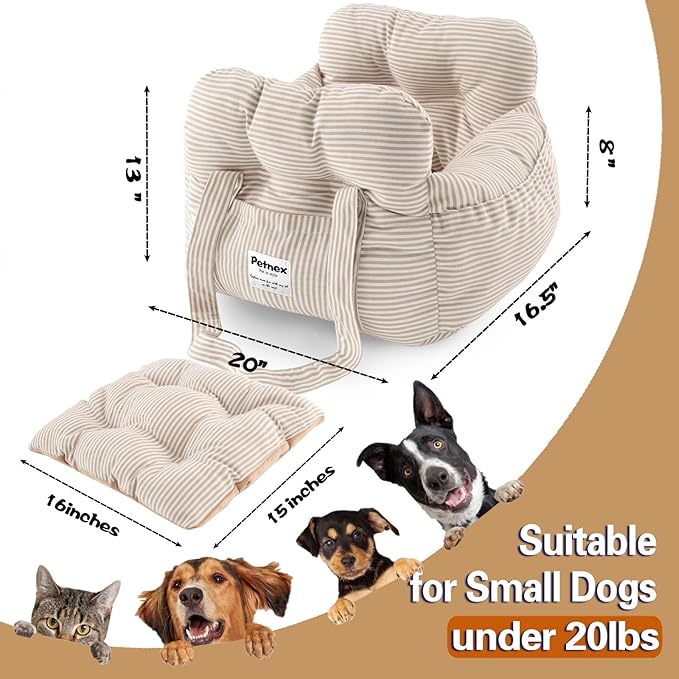 Dog Car Seat for Small Dogs, Portable Puppy Car Seat of Easy Installation, Fashionable Pet Carrier Bag with Large Pockets, Machine Washable Dog Booster Seat (Striped Khaki)