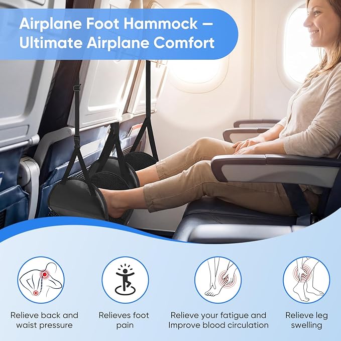 Airplane Foot Hammock, 2-Pack Travel Essentials Foot Rest for Plane Travel with Adjustment Strap, Long Flight Must Haves