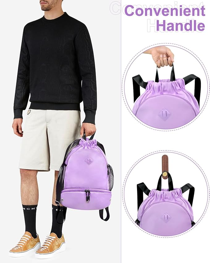 RHDZO Drawstring Backpack Gym Backpack with Shoe Compartment for Men Women String Sports Bag with Wet Pocket Cinch Swim Beach Bag, Large Purple