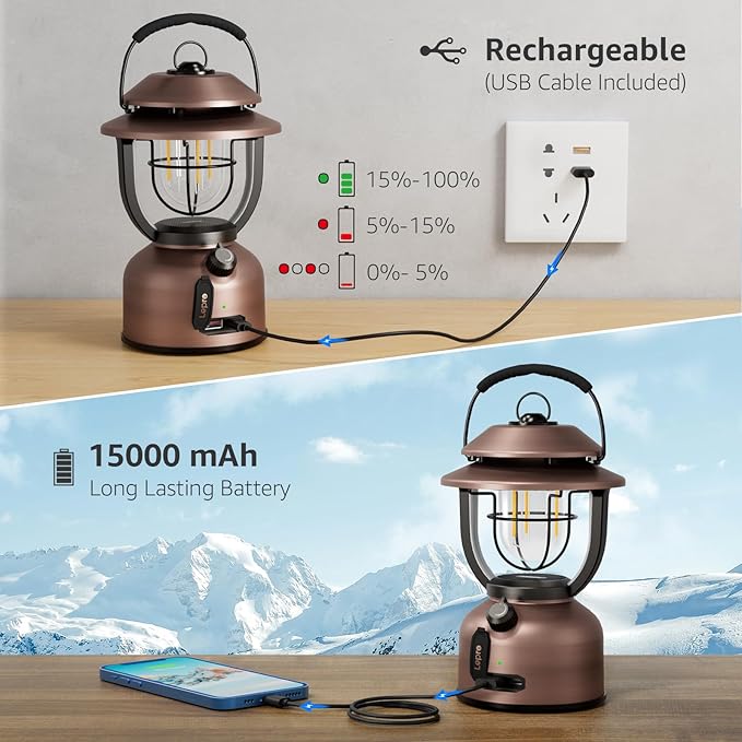 Lepro Vintage LED Camping Lantern Rechargeable - 15000mAh Power Bank, 1000LM Stepless Dimming, Dual Color Temp 2500K & 5000K, IPX4 Waterproof Retro Railroad Lantern for Camping, Home Decor & Emergency