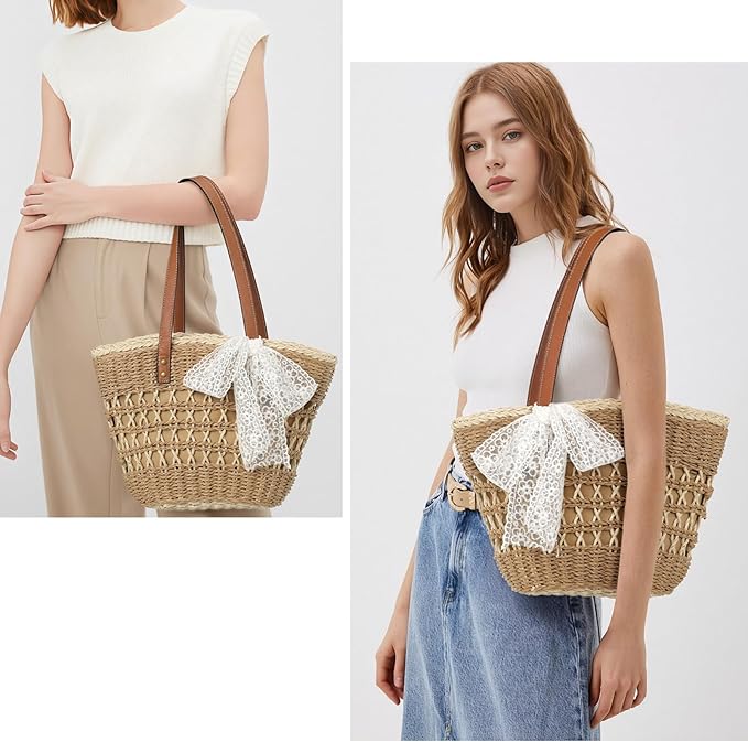 Trifabricy Beach Bags for Women, Summer Straw Bag, Woven Straw Beach Tote Bag Shoulder Handbags