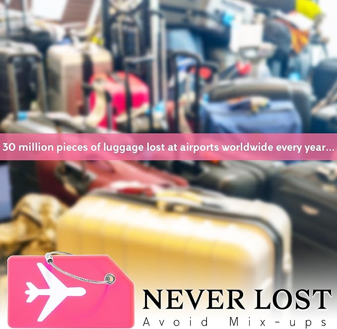 5 Pack Silicone Luggage Tag for Suitcases with Stainless Loop, TSA Approved, Privacy Protection Travel Essentials Bag Tags by Gostwo, Pink