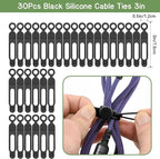30Pcs Silicone Cord Organizer Reusable 3in Cable Ties for Charging Cords, Data Cables, Computer Wires Electrical Cord Organization Black