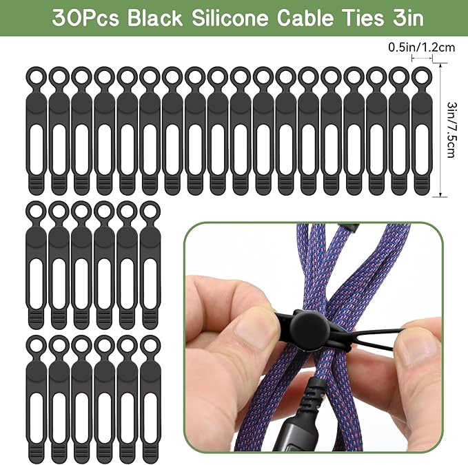30Pcs Silicone Cord Organizer Reusable 3in Cable Ties for Charging Cords, Data Cables, Computer Wires Electrical Cord Organization Black
