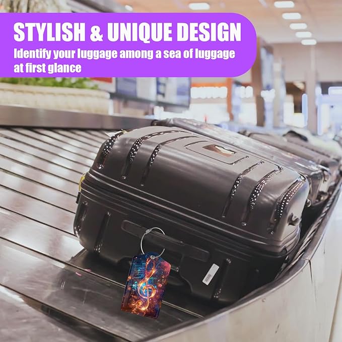 3 Pack Music Notes Staff Luggage Tags for Suitcase PU Leather Travel Luggage Tag Privacy Cover ID Label for Women Men Baggage Backpack Handbag School Bag