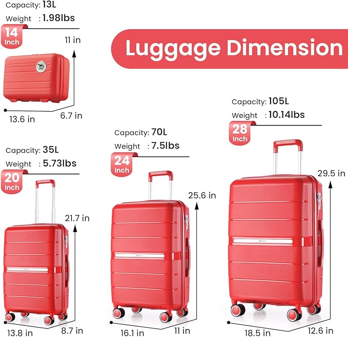Hard Shell Luggage Sets 4 Piece with 360 Spinner Wheels,Lightweight Suitcase Set with TSA Lock,Travel Luggage Set with Telescoping Handle,Light and Strong,Easy to Clean (Wine Red)