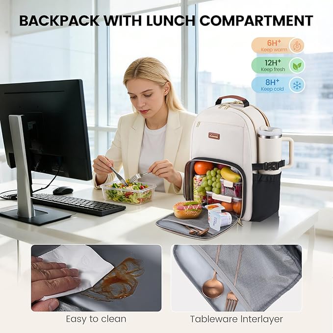 LOVEVOOK Lunch Backpack with Lunch Compartment,15.6 Inch Laptop Work Travel Insulated Cooler Backpack,Waterproof College Teacher Lunch Bag Box with Tumbler Holder,Gifts for Men Women,Beige-Black-Brown