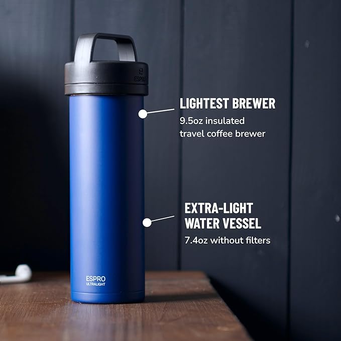 ESPRO Go P0 Ultralight French Press Coffee Maker for Travel, Vacuum Insulated Stainless Steel, 16 Ounces, Blue