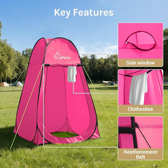 Wolfwise Pop Up Shower Tent for Camping, Portable Instant Changing Tent with Ventilation Window & Carry Bag, Privacy Bathroom Toilet for Beach & Outdoor, Width 47 ", Height 75 ", Rose Red