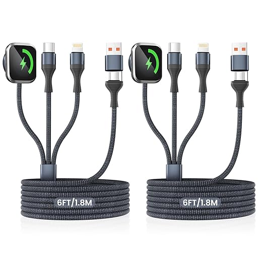 Travel Essentials,3 in 2 USB A/C Cable for Watch Charger/iPhone 17 Charger/IP Cable Designed for iWatch Chargers,Multi Charging Cable Compatible with iPhone 17-11/iWatch All Series 6FT 2PS