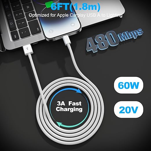 Car Apple Carplay Cable，USB A to Lightning Cable 6FT Compatible with iPhone 14 13 12 11 Pro Max XR XS X Charger Cord，Car Charging Cord（White）