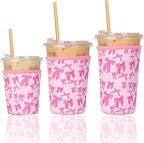 Reusable 3-Pack Iced Coffee Cup Sleeve, Insulated Neoprene, Beverage Holder for Iced Coffee, Durable Drink Sleeve for Cold Beverages, Pink Bows