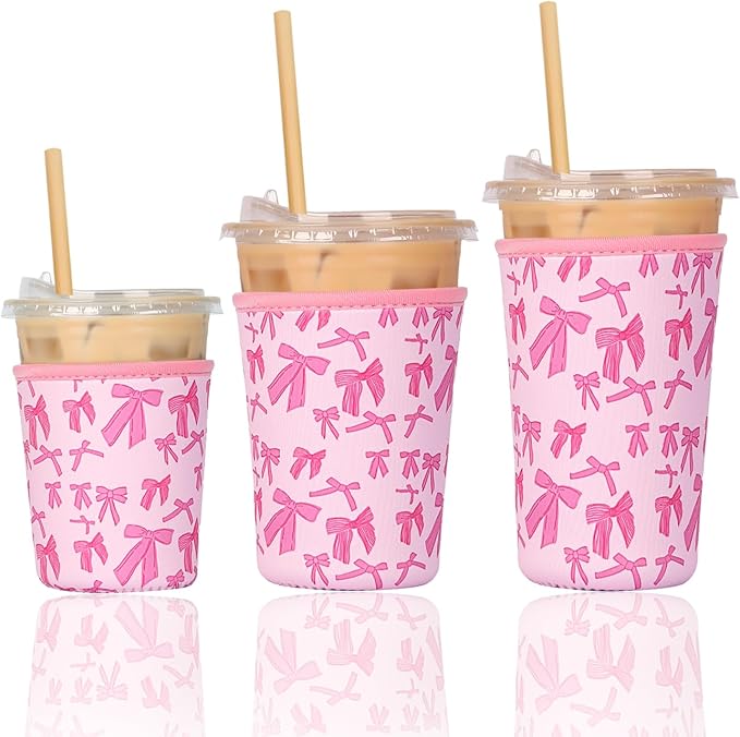 Reusable 3-Pack Iced Coffee Cup Sleeve, Insulated Neoprene, Beverage Holder for Iced Coffee, Durable Drink Sleeve for Cold Beverages, Pink Bows