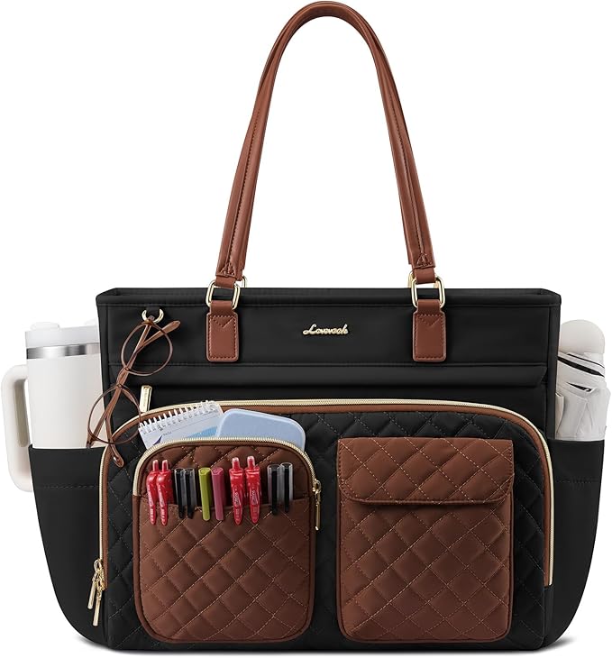 LOVEVOOK Tote Bag, Work Tote Bags for Women with Large Cup Holder, Large Capacity Teacher Tote with Multi Pockets, Nurse Diaper Bag with Padded Laptop Compartment, 15.6 Inch Black Brown
