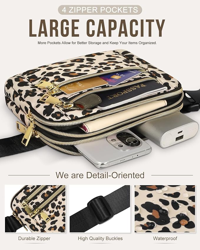 Capolo Fanny Packs for Women Fashion Waist Packs Bag with Adjustable Strap and 4 Zipper Pockets Waterproof Everywhere Crossbody Belt Bag for Workout Running Travelling(Leopard, Large)